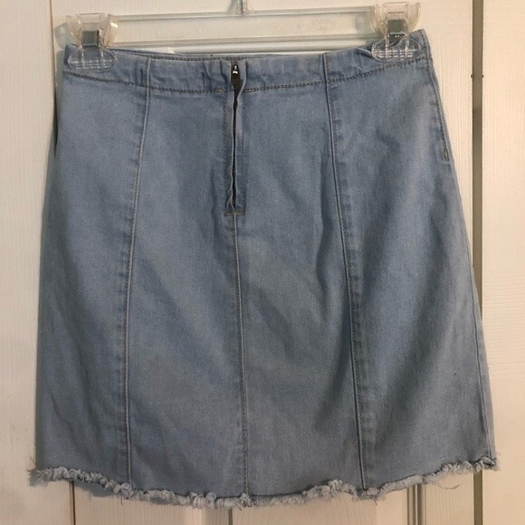 FOREVER 21 Small Light Wash Denim Jean Skirt Frayed Hem Stretch Bodycon Mini - Picture 3 of 5